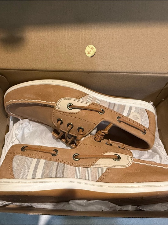 Sperry Shoes - Sperry Tan Suede and Cream Striped Boat Shoes